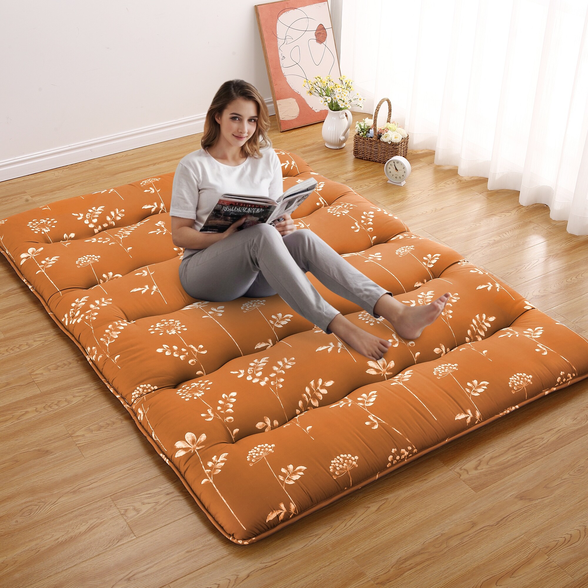 Floral Print Japanese Futon Mattress for Floor Sleeping Mat Home Indoor