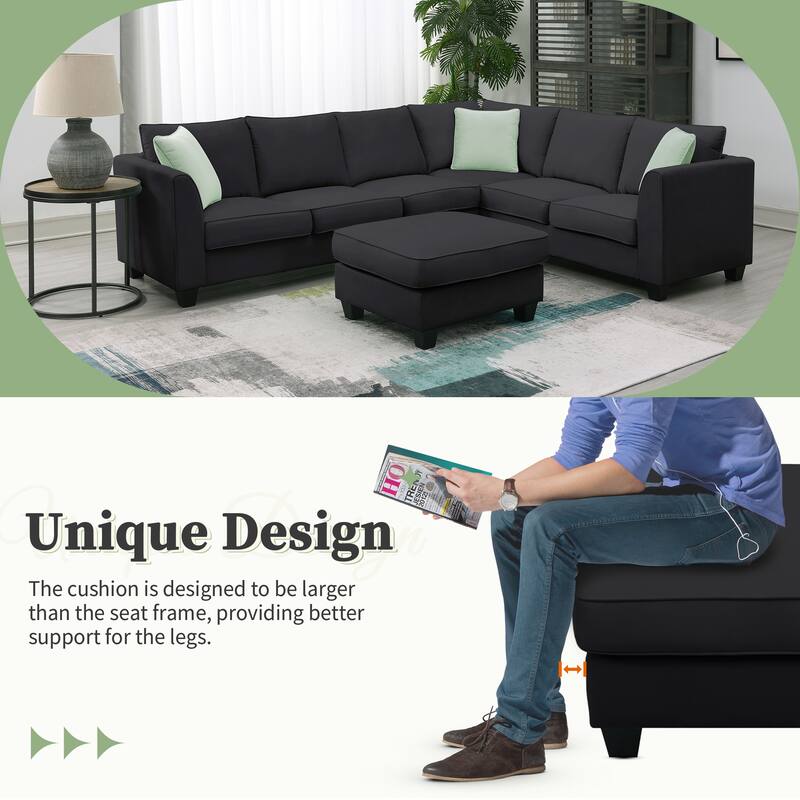 Black 112'' Spacious L-Shaped 7-Seat Modular Sectional Sofa with Ottoman and 3 Pillows, Durable Wood and Iron Frame