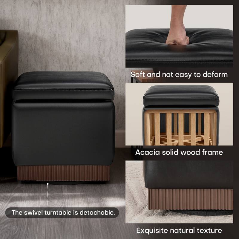 Swivel Storage Ottoman Bench Footstool with Flip-top and Acacia Frame