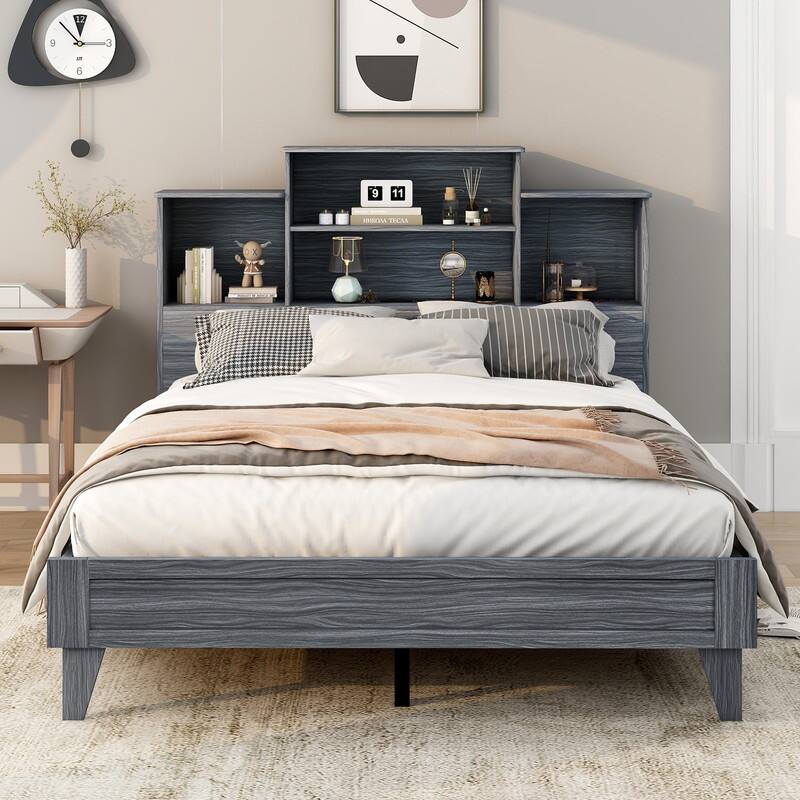 Grey Rustic Style Queen/Full Size Storage Platform Bed Frame with Shelves and USB Ports