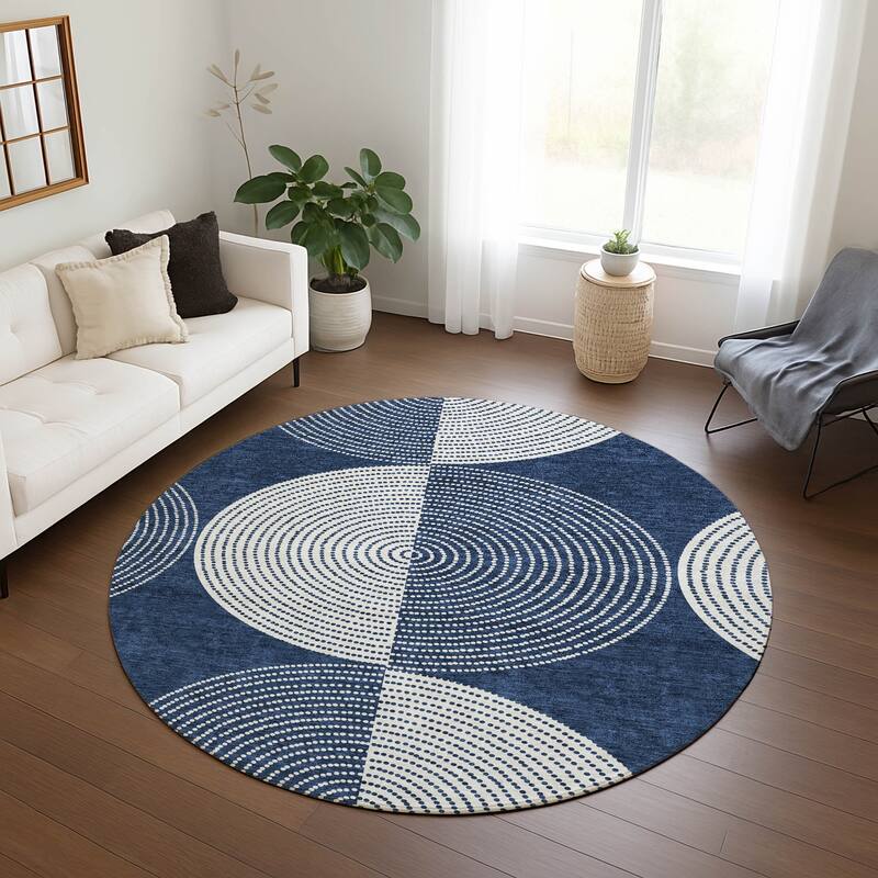 Machine Washable Indoor/ Outdoor Geo Circles Chantille Rug