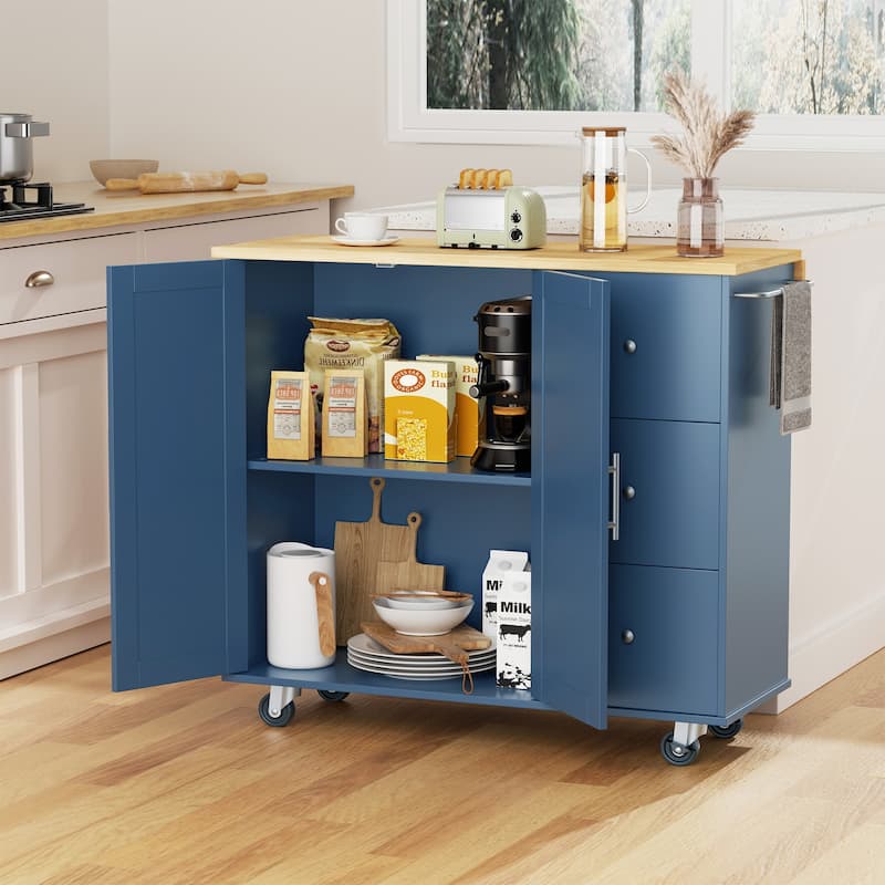 Rolling Kitchen Island with Storage Cabinet & 3 Drawers – Mobile Storage Cart with Extendable Countertop for Small Spaces - Blue