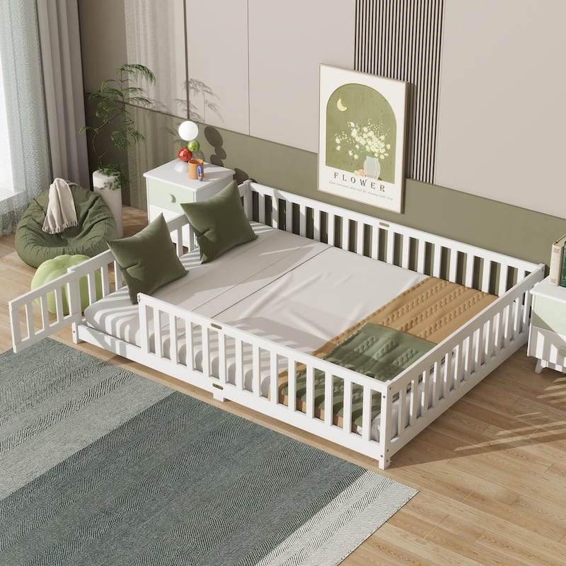 Grey Queen Size Wooden Floor Bed with Fence, Door, Rubber Safety Guardrails