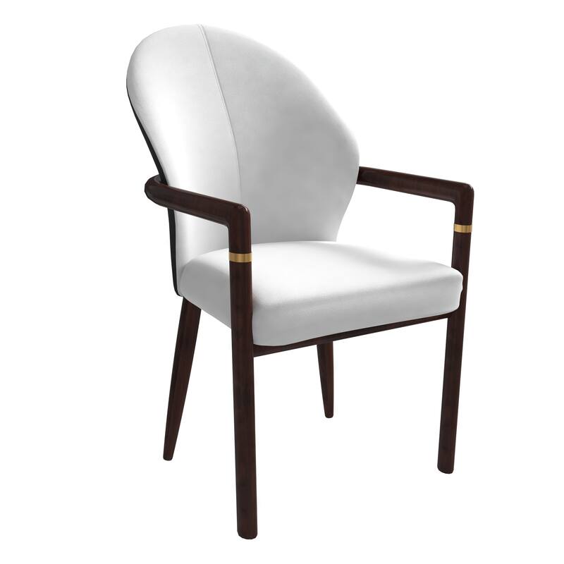 LeisureMod Modern Leather/Velvet Dining Chair - Elegant Armchair in Rubberwood with Gold Accents for Home Furniture - White