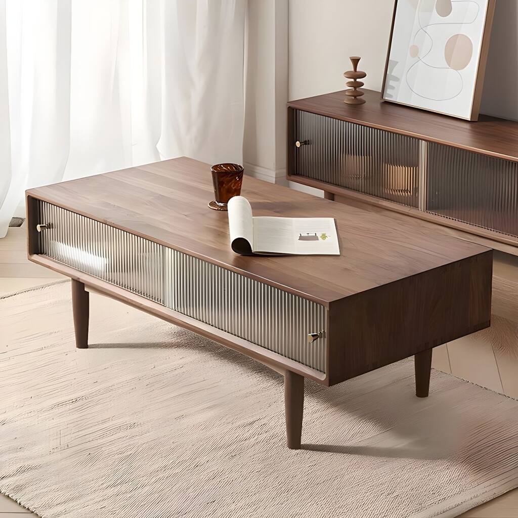 Rectangular Walnut Coffee Table With Storage And 2 Cabinets, Dark Walnut