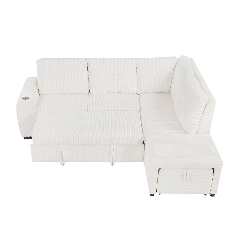 94" Corduroy Sectional Sofa Bed with Ottoman, Storage & USB Ports