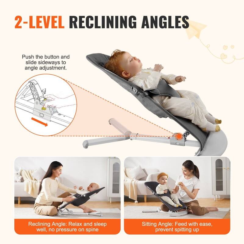 Dark Gray Metal Baby Bouncer with 2 Angles and 3-Point Harness - 25.6” L x 16.1” W x 23.6” H