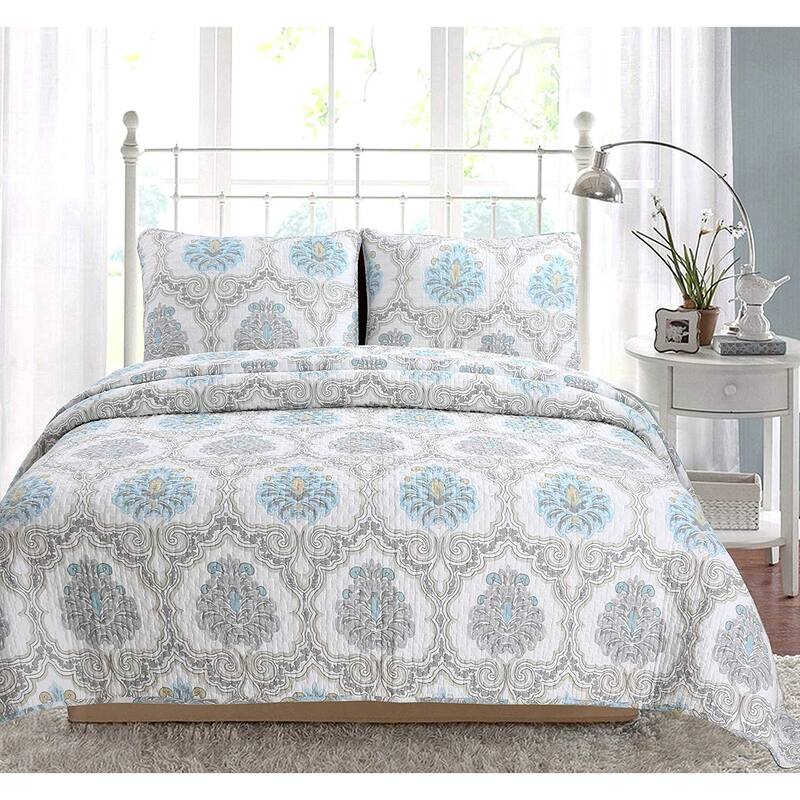 Cozy Line Kamala Damask Blue 3 Piece Reversible Cotton Quilt Bedding Set - Queen
