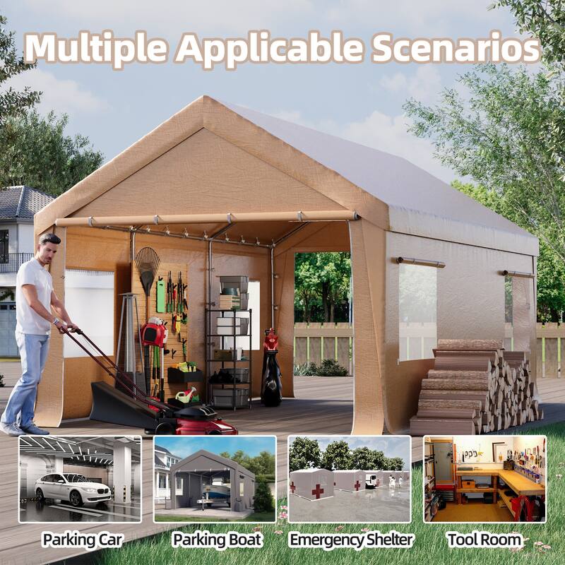 Heavy Duty Enclosed Carport Shelter, Waterproof UV-Resistant Canopy with Steel Frame & Roll-Up Windows