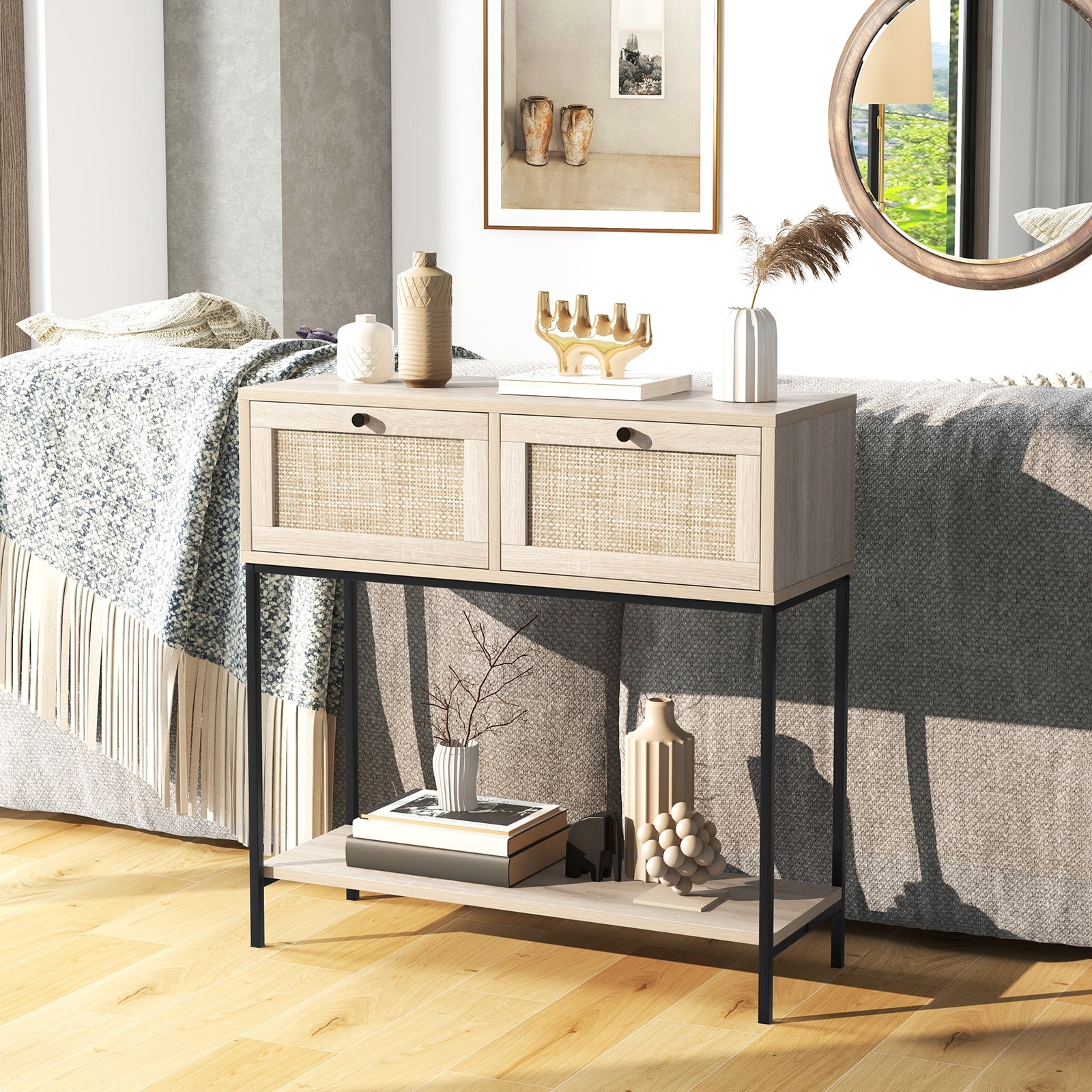 Rattan console sales table with shelf
