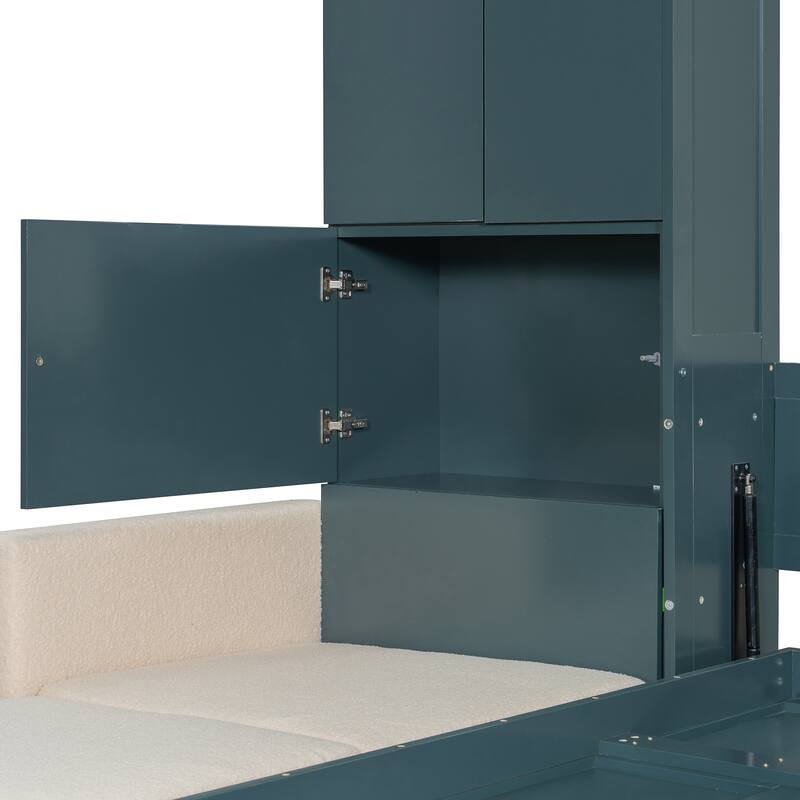 Queen Size Wall Bed with Sofa and Shelves, Green Panel, Beige Sofa