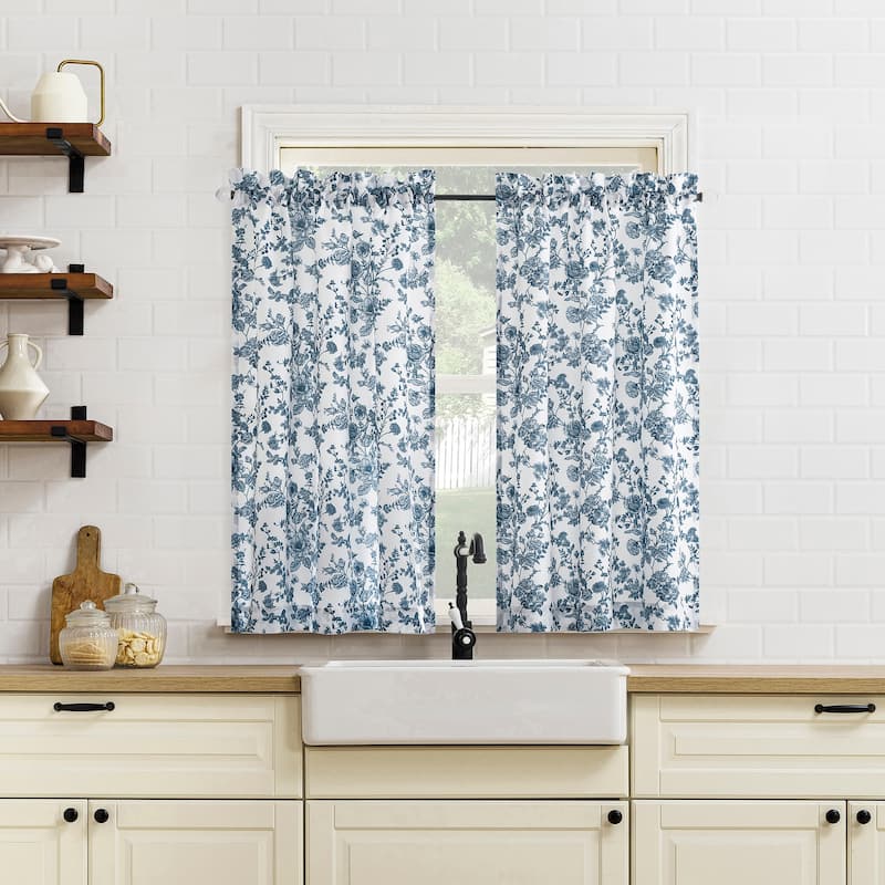 No. 918 Elara 2-pack Tonal Botanical Semi-Sheer Rod Pocket 2-Piece Kitchen Curtain Tier Pair