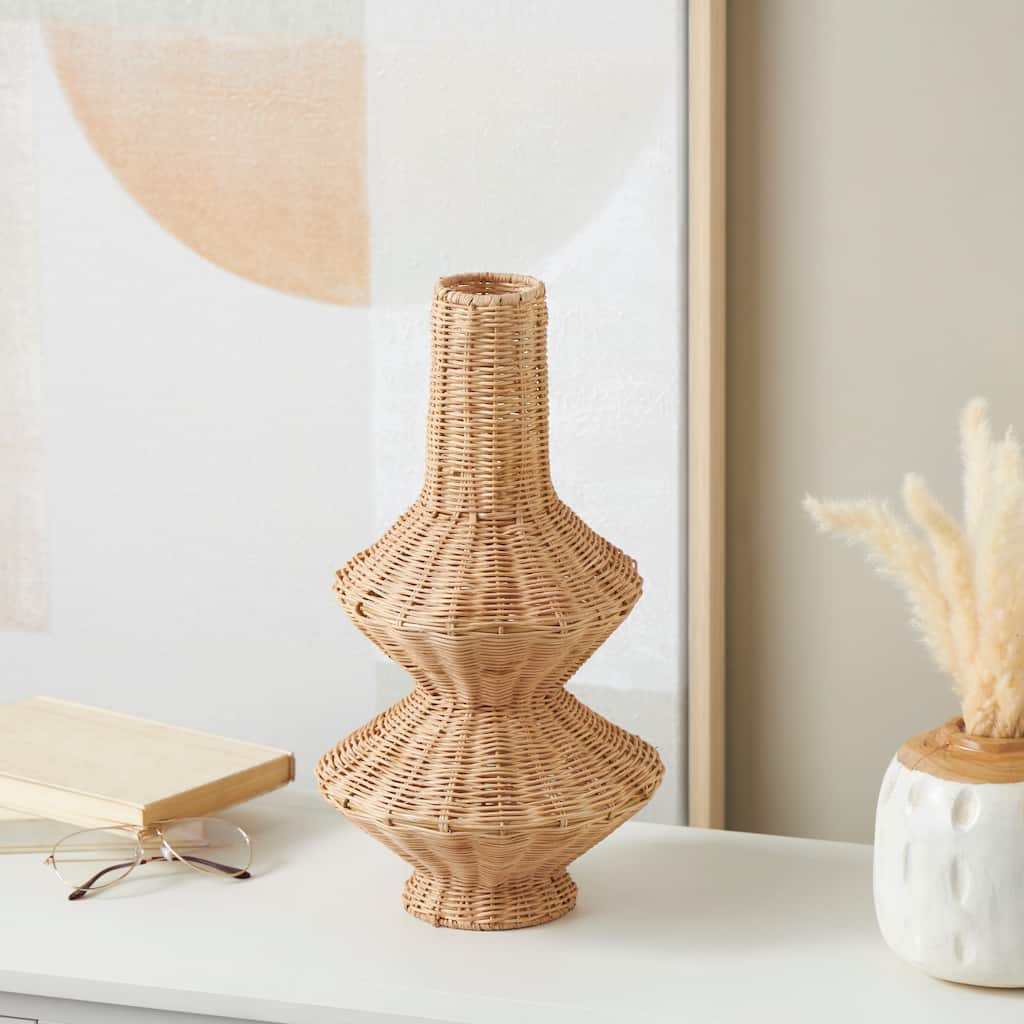 Brown Rattan Handmade Woven Fluted Hourglass Decorative Vase