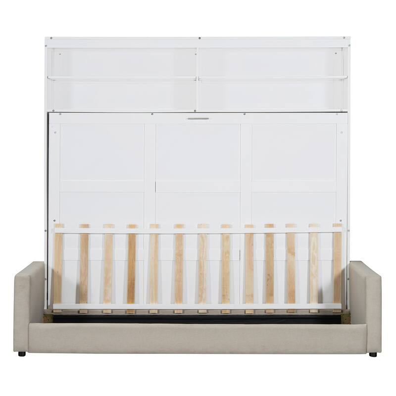 Queen Size Wall Bed with Sofa, Space-Saving Murphy Bed, White