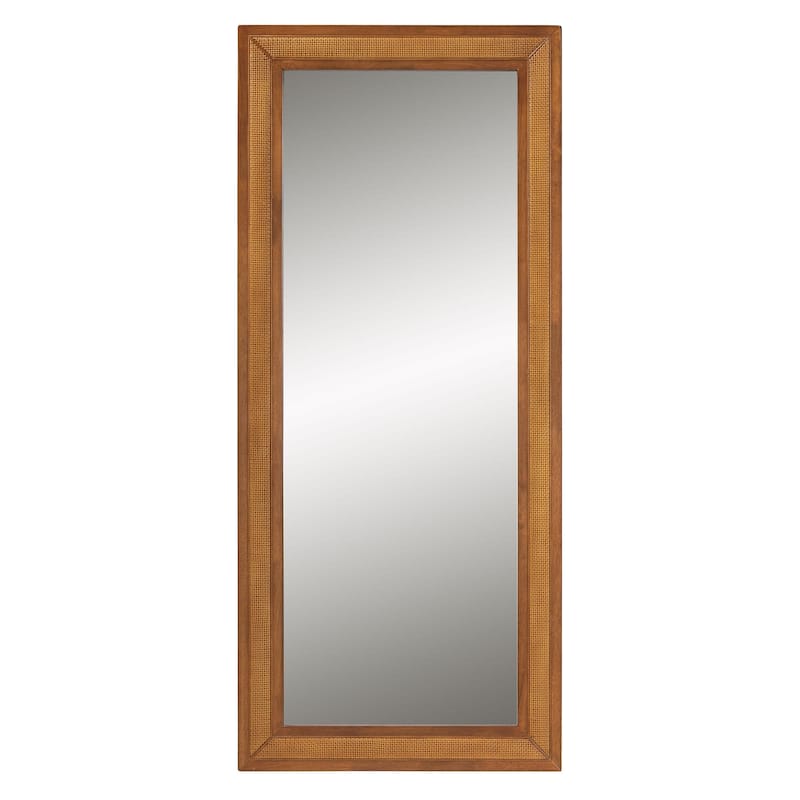 Rowanne Mid-Century Modern Walnut Brown Rubberwood and Rattan Frame Wall Mirror - Walnut