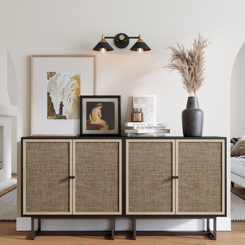 Nathan James Kova Natural Cane Rattan Doors Accent Cabinet with Metal Base and Adjustable Shelf