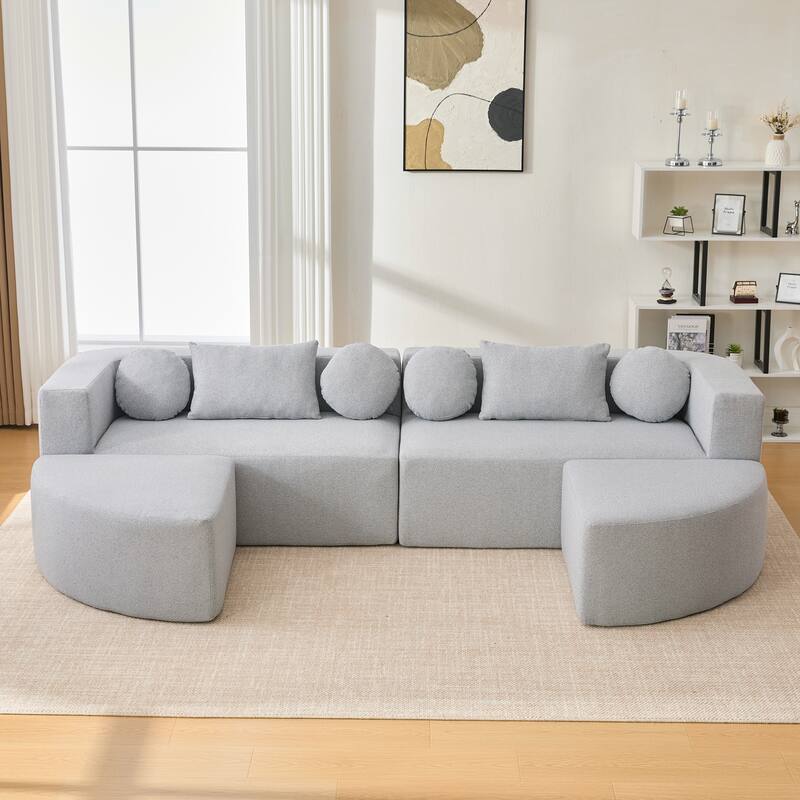 U-Shape Modular Sectional Sofa, Boucle Upholstered Boneless Couch, Compression Sofa with 4 Throw Pillows & 2 Cushions