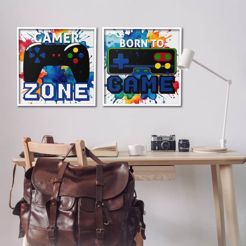 Stupell Gamer Zone on Splash Framed Giclee Art Design By Kim Allen (Set of 2)