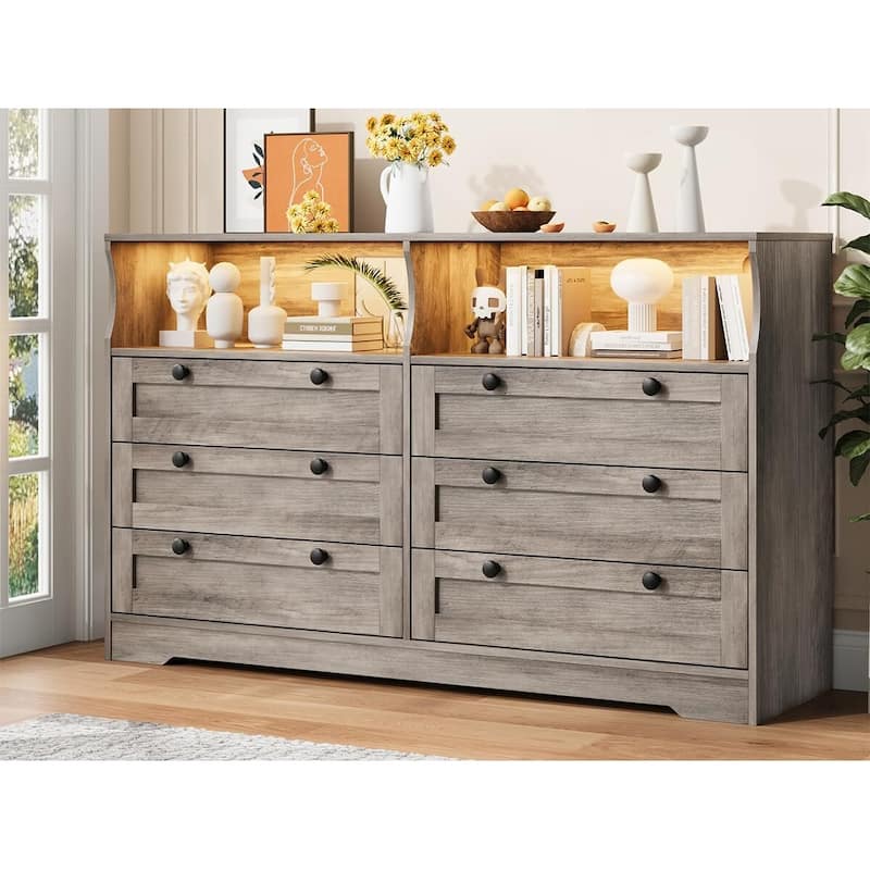 6 Drawer Dresser with RGB LED Lights & Power Outlet - Grey