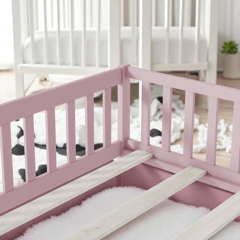 Full Size Rubber Wood Floor Bed with Fence, Door and Safety Guardrails for Kids