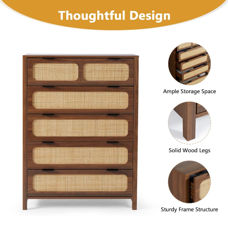 Wooden Rattan 5-Drawer Storage Cabinet Dresser