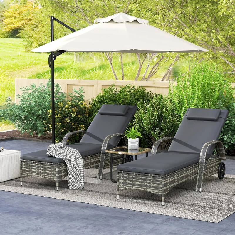 2PC Recliner, Maintenance-Free PE Rattan with Cushion, Pillow - Grey