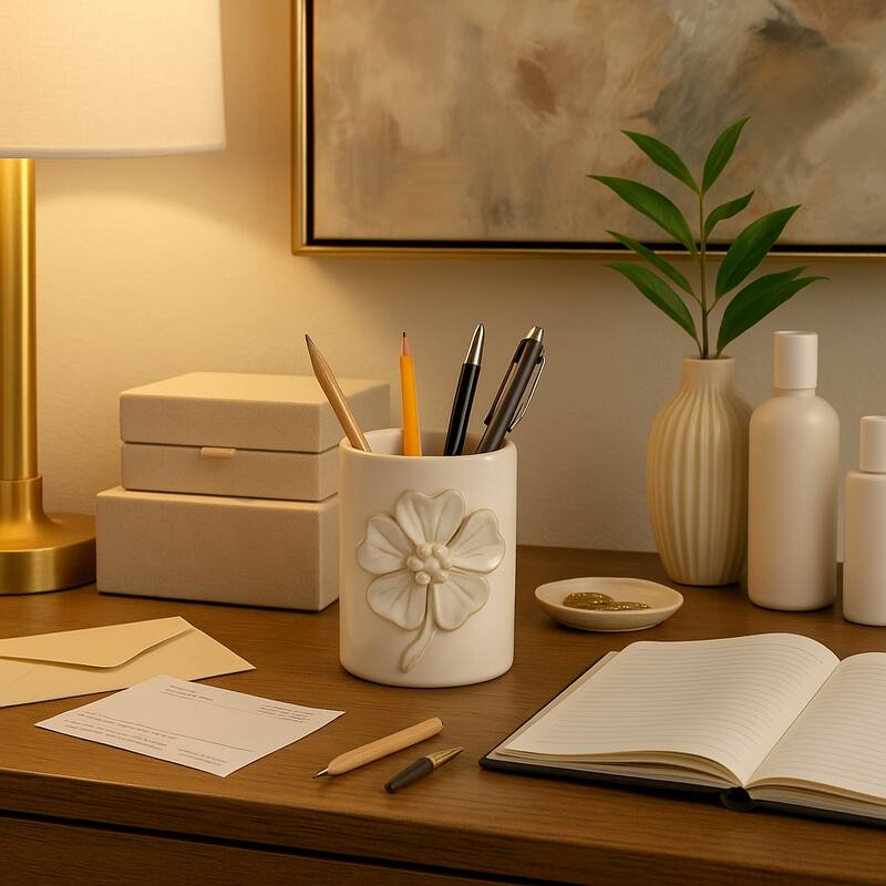 Ceramic Cute Pencil Cup Decorative Flower Office Desk Accessory