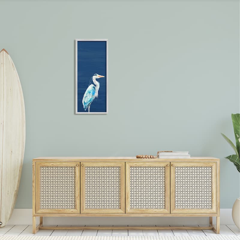 Stupell Egret Sea Bird Standing Deep Blue Ocean Background Framed Wall Art