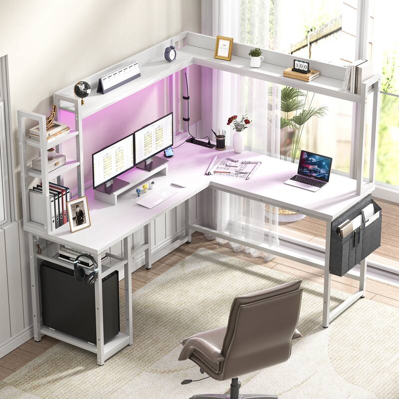 L Shaped Desk with Full Hutch and Power Hub, Corner Desk Computer Desk Office Writing Desk - White