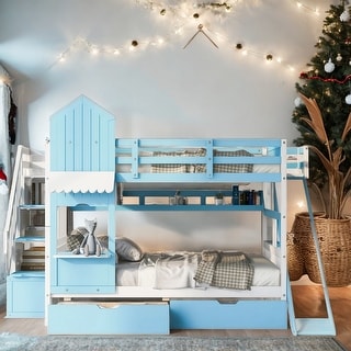Full-Over-Full Castle Style Bunk Bed with 2 Drawers 3 Shelves and Slide