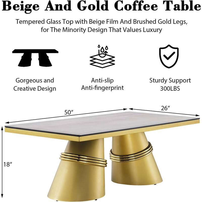 Glam 50 inch Rectangular Glass Living Room Coffee Table with Brushed Gold Stainless Steel Base
