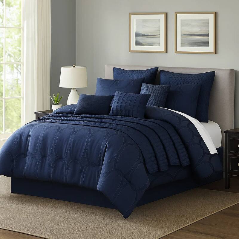 10 Piece King Polyester Comforter Set with Geometric Oblong Print, Dark Blue