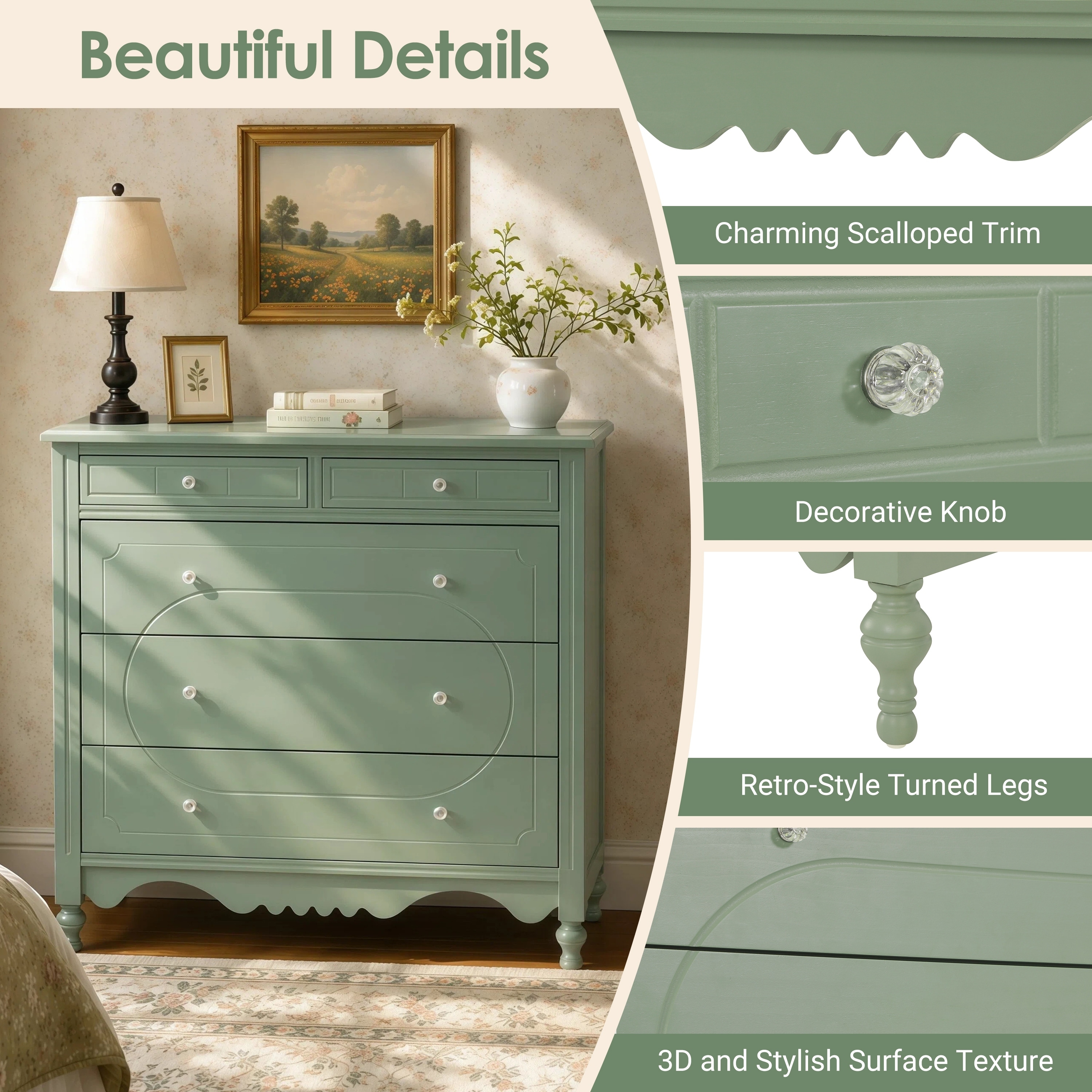 green scalloped dresser MODWAY Emmeline Scalloped 6-Drawer Dresser in Sage EEI-7157-SGE
