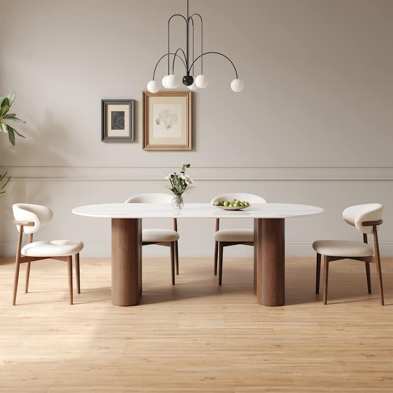71" Glossy White Sintered Stone Dining Table, Double Round Legs, Oval Kitchen Table for 6 Persons
