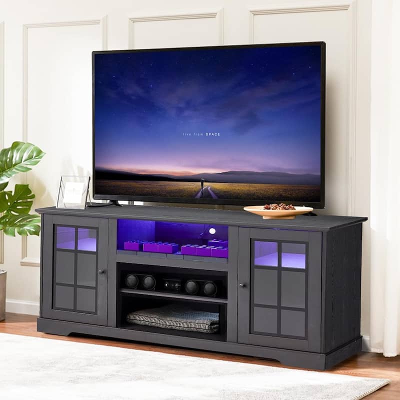 EROMMY TV Stand for 65 Inch TV, Entertainment Center with LED Lights, Storage & Power Outlets, Media Console for Living Room