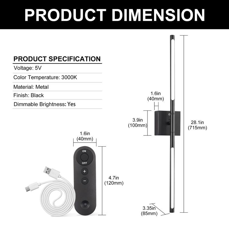 YANSUN Black LED Wall Lamp, 3000K Remote Control, 400LM Indoor Wall Light