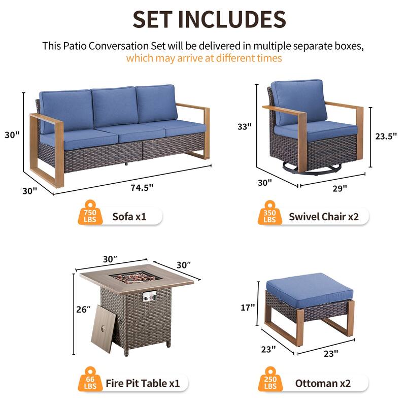 Pocassy 4/6/8PCS Sofa Swivel Chair with Fire Pit Table Set