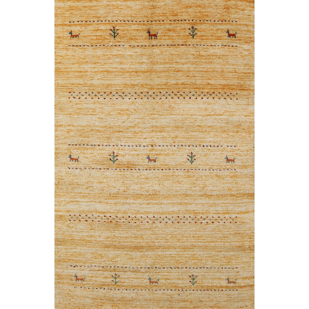 Hand Knotted Oriental 100% Wool Carpet Tribal Animal Pictorial Yellow & Gold Gabbeh Area Rug - 5' 8'' X 3' 11''