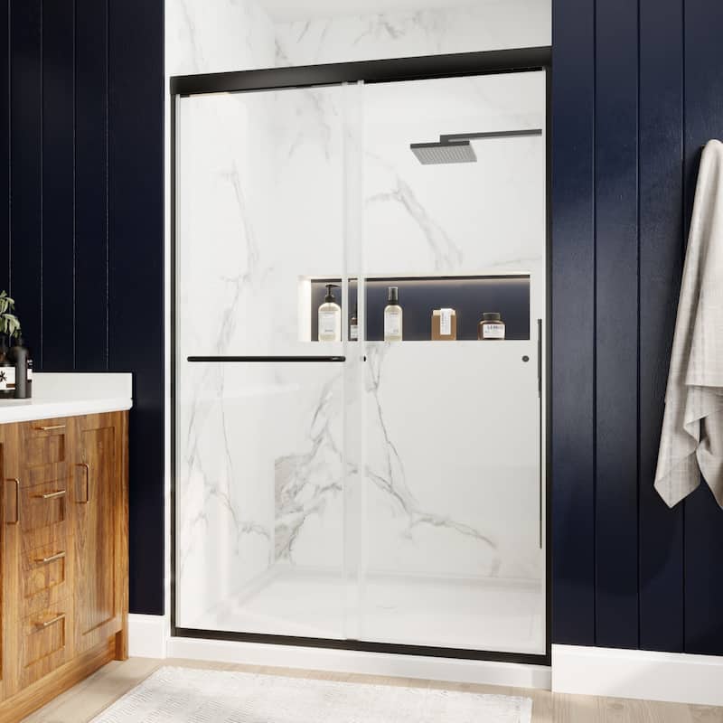 Modland 44''- 48'' W x 72'' H Glass Semi-Frameless Double Sliding Shower Tub Door in Matte Black / Brushed Nickel