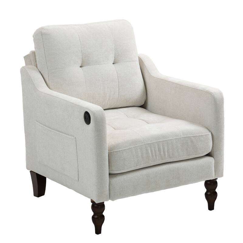 Chenille Accent Armchair, Upholstered Lounge Chair with USB Port, Single Sofa Chair with Wooden Legs & Side Storage