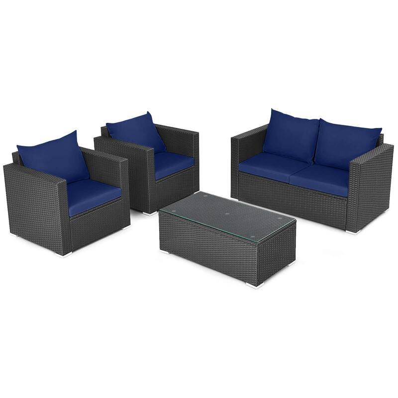 Gymax Set of 4 Rattan Furniture Set Cushioned Sofa Chair Coffee Table
