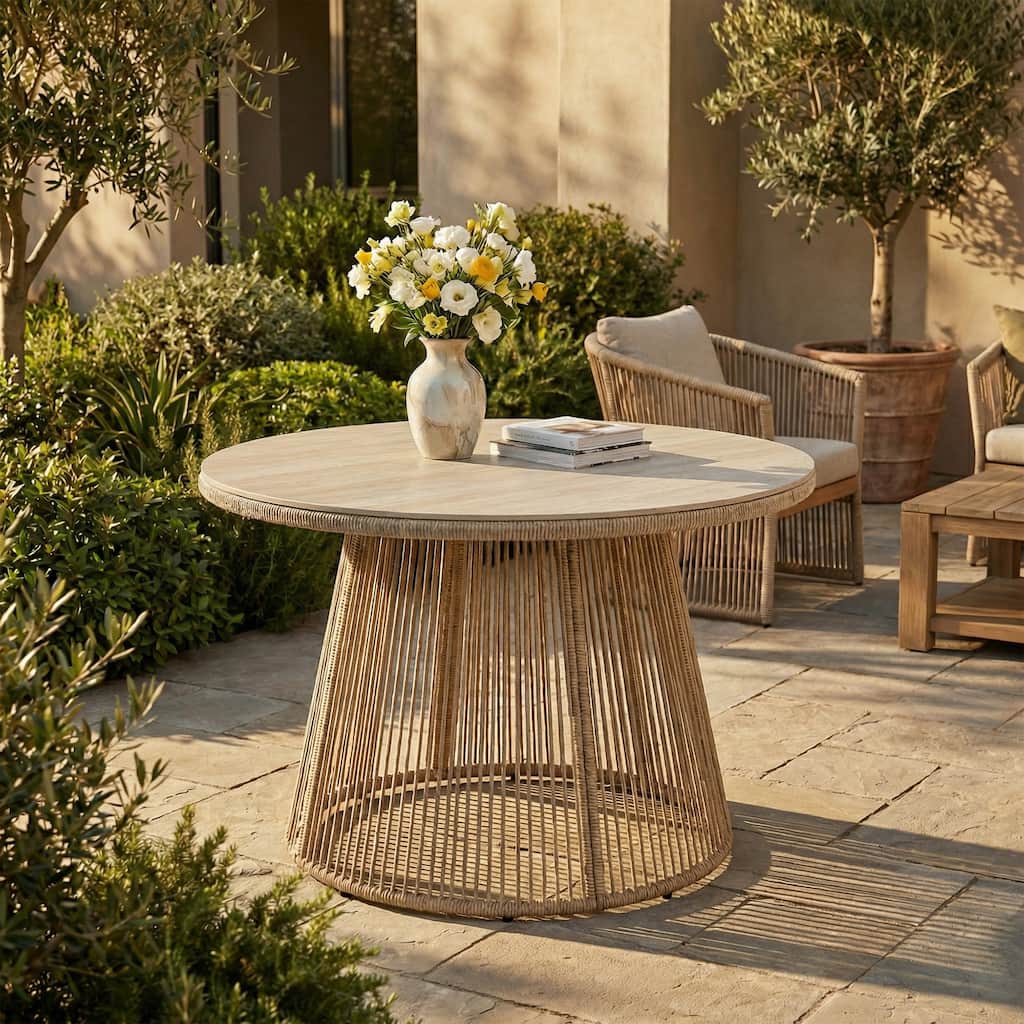 Modern Outdoor Round Glass Top Table with Woven Rattan Base
