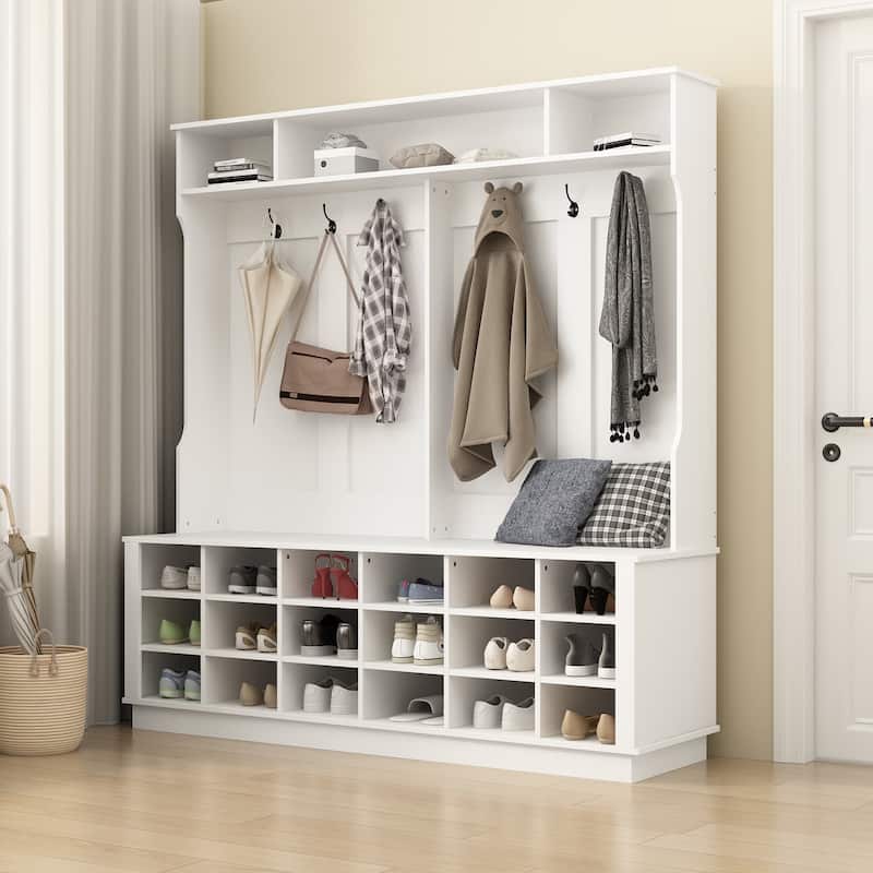 63"W 18 Shoe Cubbies Shoe Bench Shoe Cabinet Wide Hall Tree With Hooks