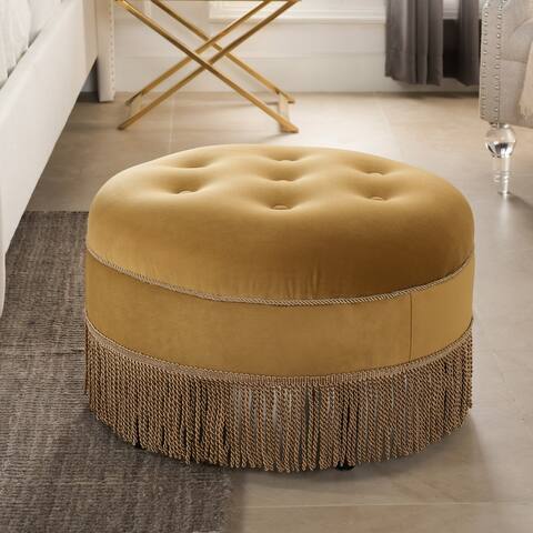 Yolanda Performance Fabric 25" Tufted Round Footstool Ottoman with Rope Fringe