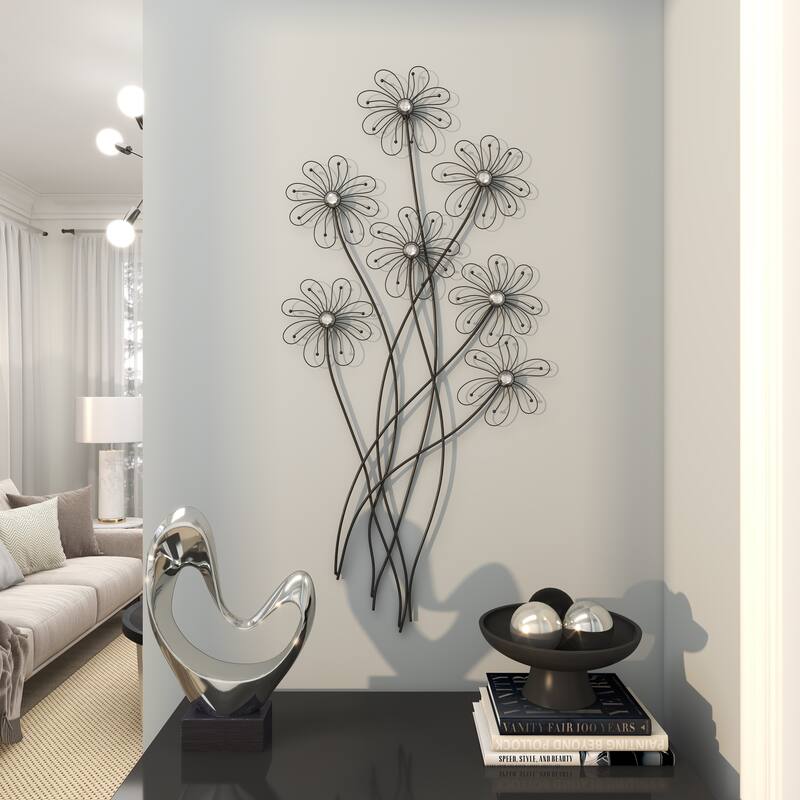 Black Metal 3D Wire Floral Home Wall Decor with Crystal Embellishments