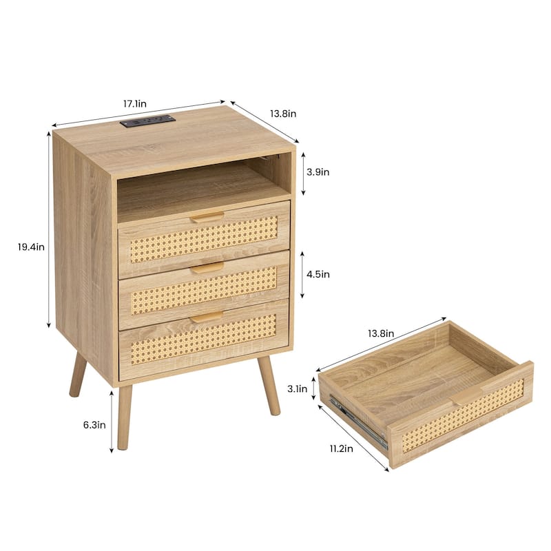 POLESITTER Rattan 3 Drawers Nightstand with LED Lights and Charging Station,Storage End Table