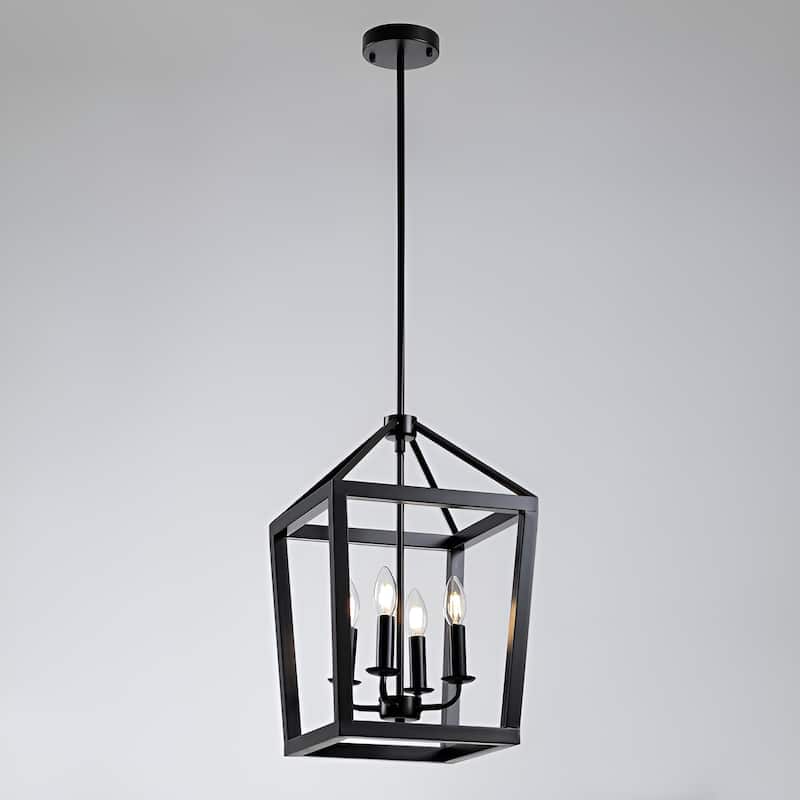 4 - Black Lantern Pendant Light, 4 Lights Farmhouse Chandelier Fixture with Metal Cage, Adjustable Height