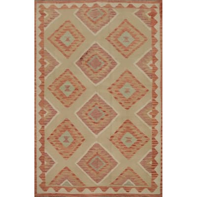 Hand Woven Oriental 100% Wool Carpet Southwestern Tribal Beige & Ivories Kilim Area Rug - 6' 7'' X 4' 11''