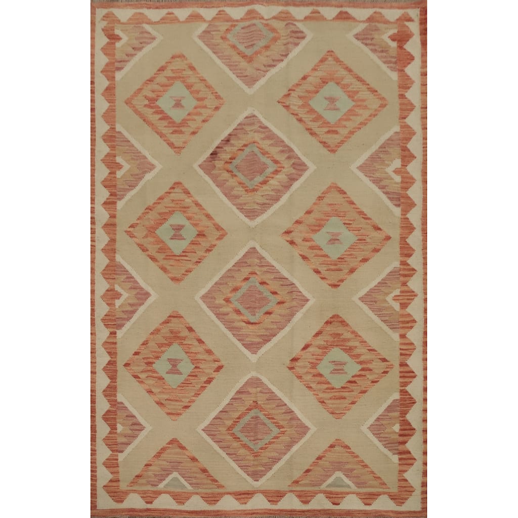 Hand Woven Oriental 100% Wool Carpet Southwestern Tribal Beige & Ivories Kilim Area Rug - 6' 7'' X 4' 11''