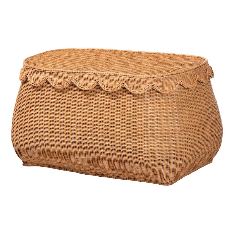 Ayleen Natural Rattan Basket with Scalloped Lid - Handwoven Wicker Storage Box, Boho Coastal Home Décor - Large